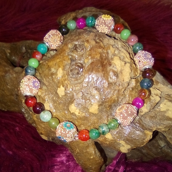 BB: Colorful Beaded Bracelet with larger Flowered Brown Beads - Picture 1 of 2